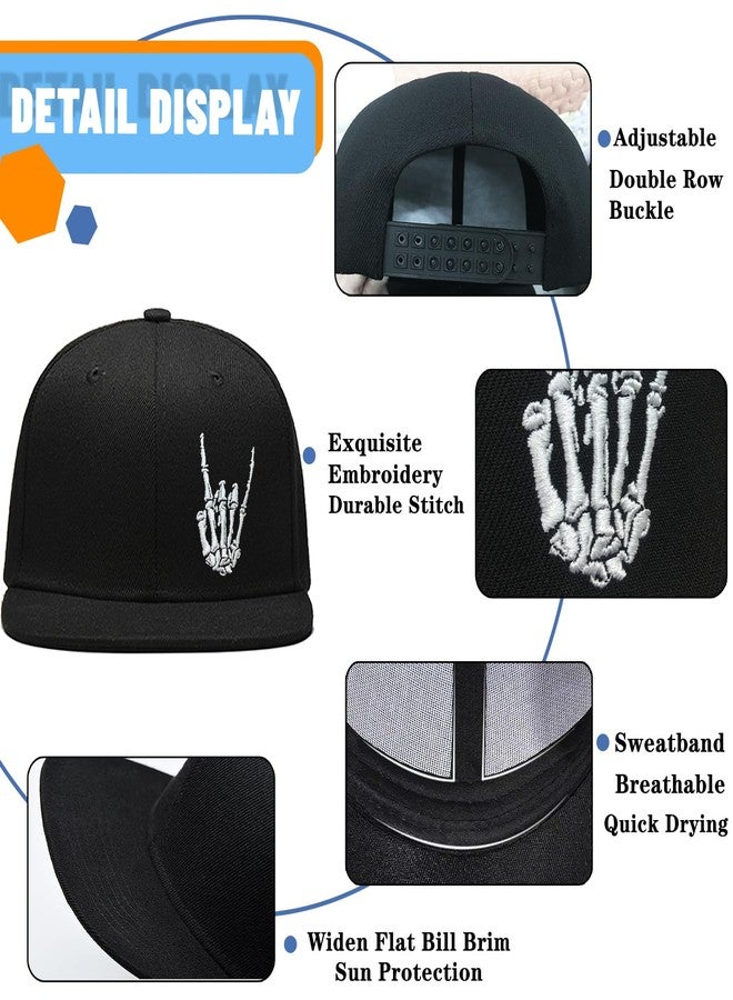 viofre Embroidery Flat Bill Brim Hats for Men Snapback Hats for Men Skeleton Skull Finger Hat Black Baseball Caps Mens Fitted Hats Adjustable Skateboard Snap Back Cap Dad Trucker Hat Hip Hop Mens Women - Image 5